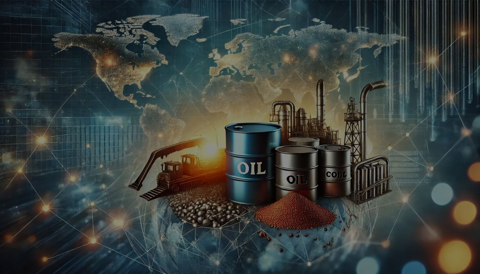 Oil barrels, a refinery and a bulldozer layered over a world map of trade routes